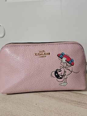 Coach X Disney Pink Pebbled Leather Cosmetic Pouch with Mickey Skate Graphic